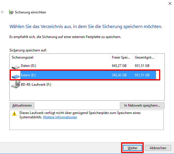 Wählen Sie, wo Sie die Sicherung speichern möchten