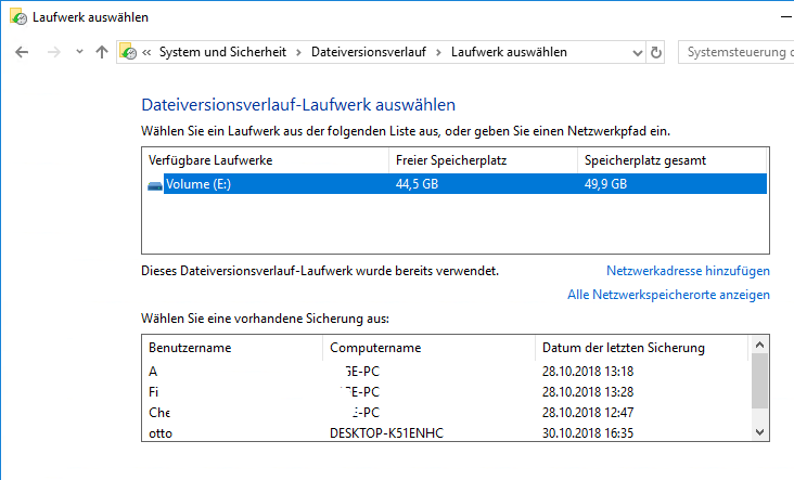 Laufwerk für die Sicherung des Dateiverlaufs auswählen