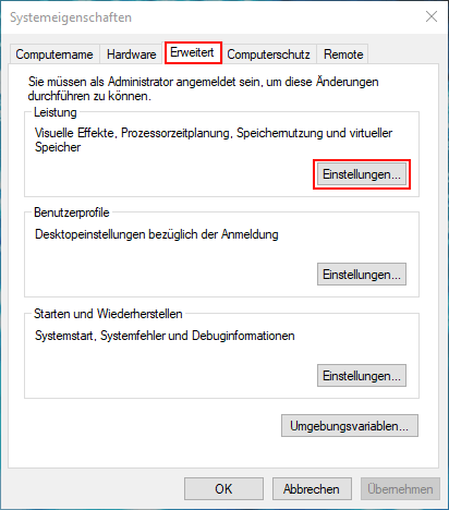 Systemeigenschaften Einstellungen