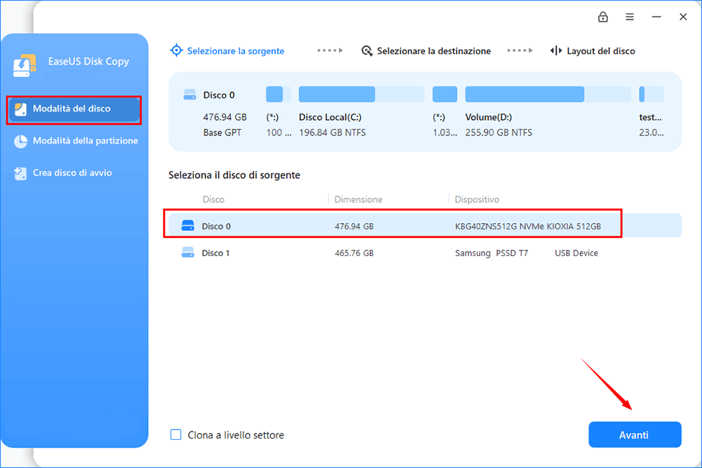 Seleziona il disco di origine da clonare