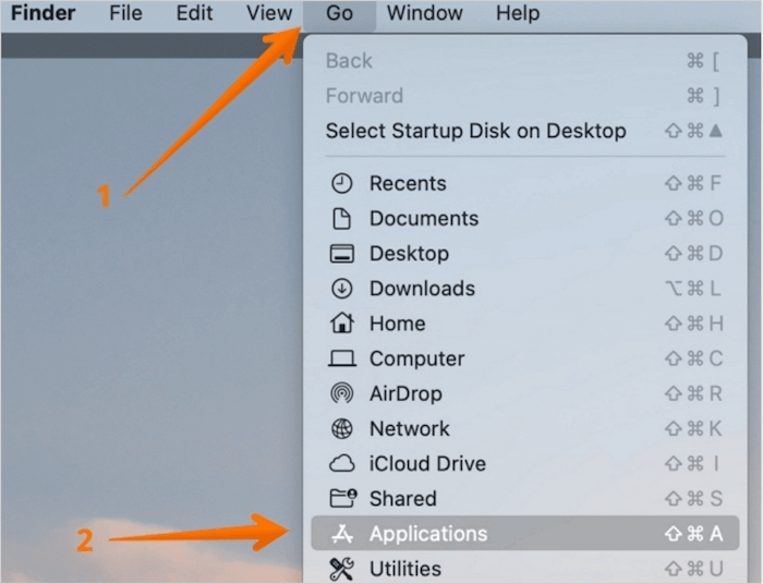 Gehen Sie zu Anwendungen aus dem Finder-Dropdown