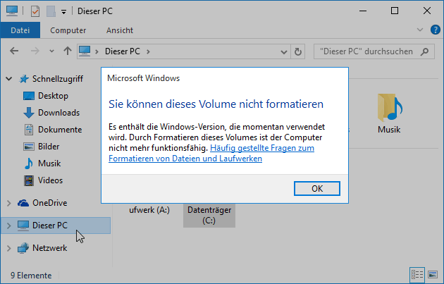 Sie können dieses Vplume nicht formatieren