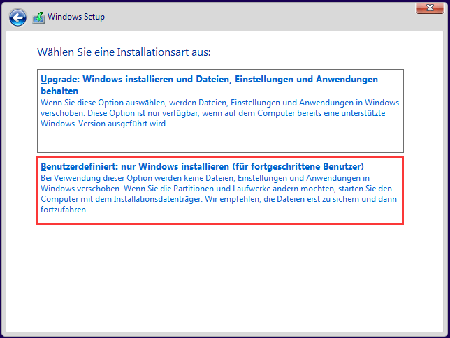 Benutzerdefiniert - Nur Windows installieren