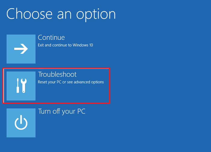 come avviare in modalità provvisoria dall'inizio - click troubleshoot
