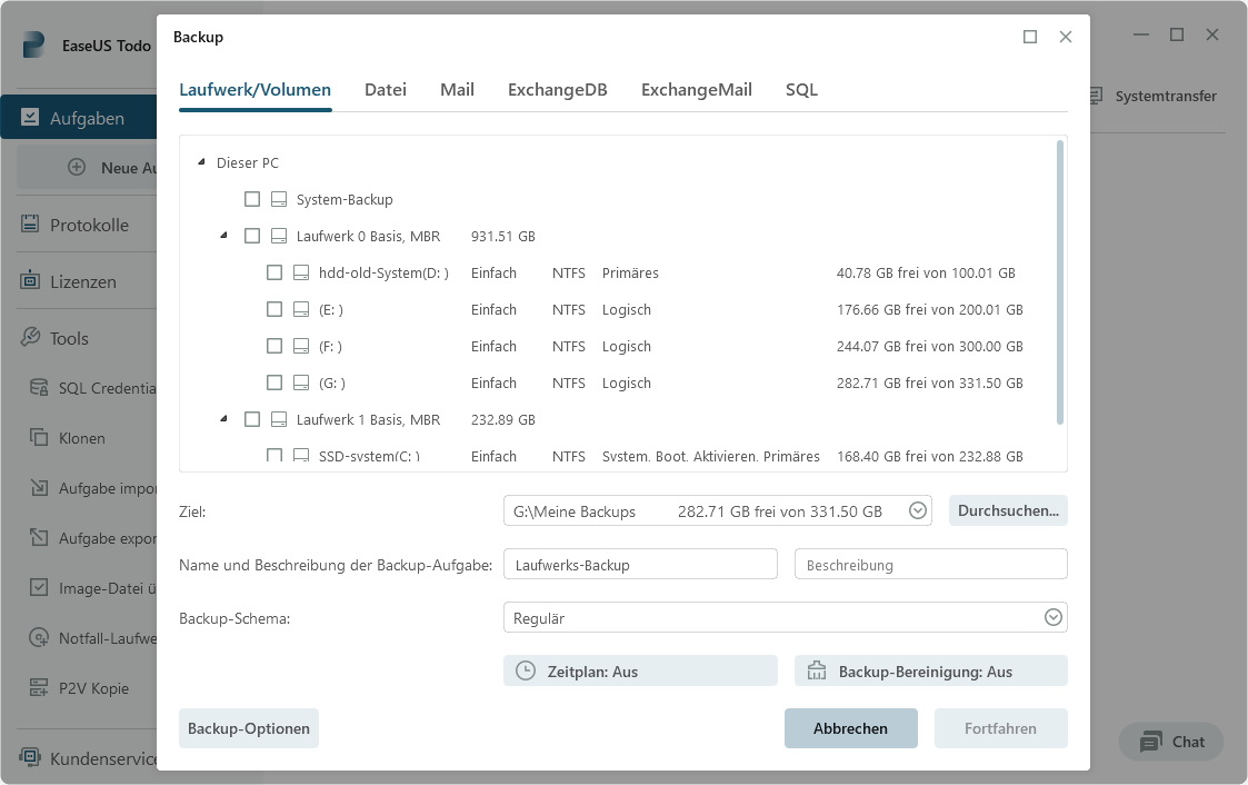 Windows Server Festplatte sichern - Die Festplatten auswählen
