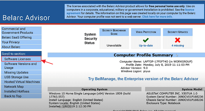 recupera product key con belarc advisor