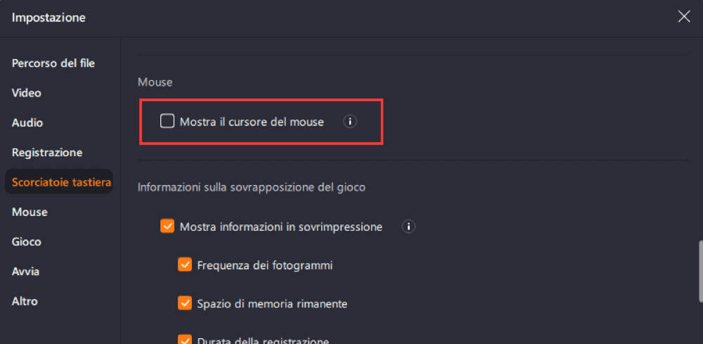 Nascondere il cursore del mouse