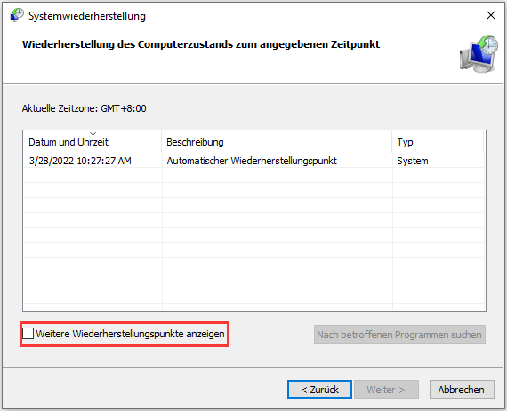 Wählen Sie den gewünschten Wiederherstellungspunkt
