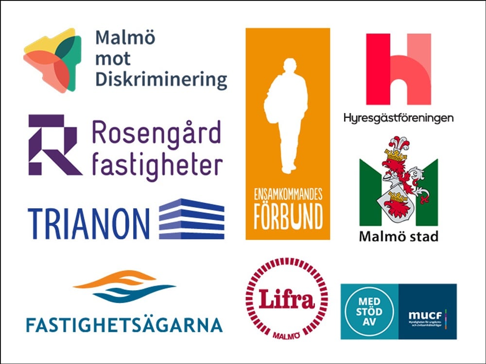 Logotyperna för forskningscirkelns deltagare (Lifra, Fastighetsägarna, Trianon, Rosengård fastigheter, Ensamkommandes förbund, Malmö stad, Hyresgästföreningen och Malmö mot Diskriminering) samt Myndigheten för ungdoms- och civilsamhällesfrågor, MUCF, som projektet får finansiellt stöd från.