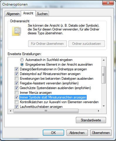 Immer Symbole statt Miniaturansichten anzeigen auf Windows 7 aktivieren