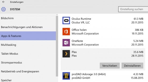 unter Windows 10 installierte Apps auf andere Festplatte übertragen: Windows 10 Systemsteuerung.
