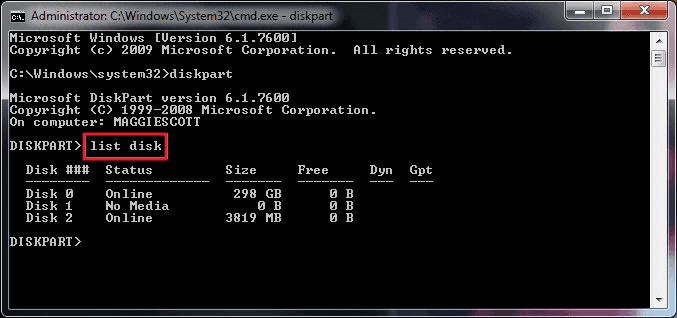 digita list disk per formattare il disco rigido con il prompt dei comandi