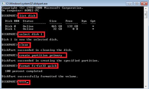 usa diskpart per creare USB avviabile UEFI