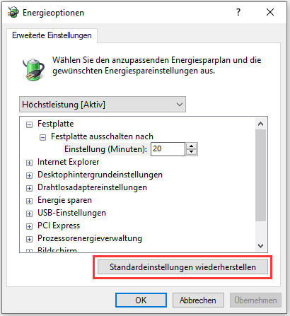 Energieoptionen von Ausbalanciert auf Höchstleistung ändern