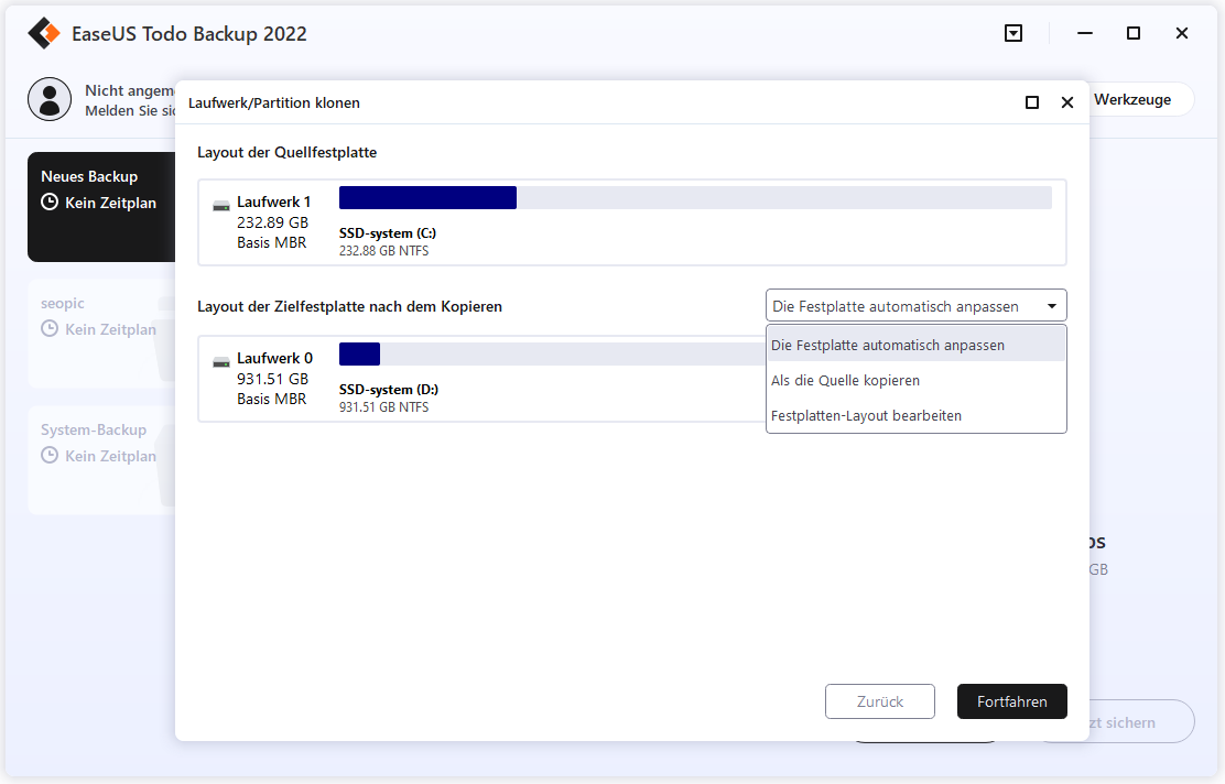 HDD auf SSD klonen - Backup-Einstellungen in der Vorschau anzeigen und dann fortfahren