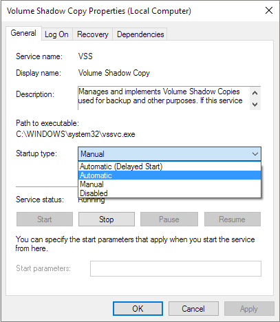 avvio automatico della copia shadow del volume