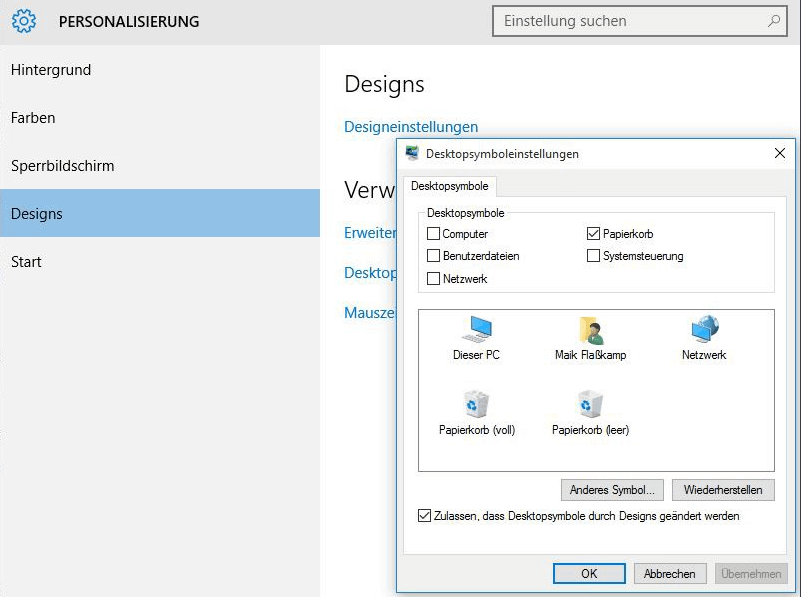 Windows Desktopsymbole anzeigen.
