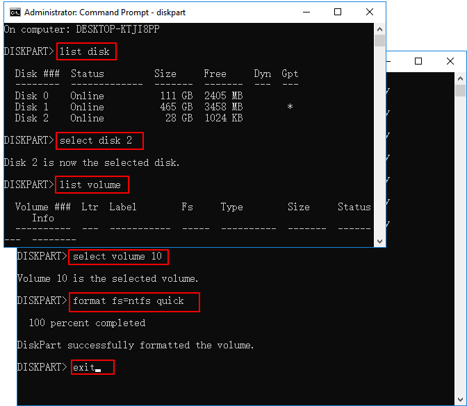 Formattazione rapida dell'unità SanDisk con il comando diskpart.