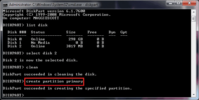 digitare create partition primary per formattare il disco rigido con il prompt dei comandi