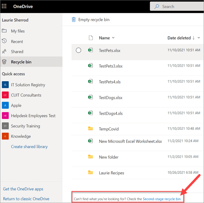 OneDrive-Papierkorb der zweiten Stufe