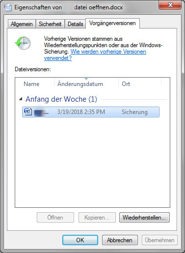 Von Vorgängerversionen wiederherstellen
