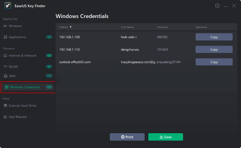 Klicken Sie im linken Bereich des EaseUS Key Finder auf Windows-Anmeldeinformationen