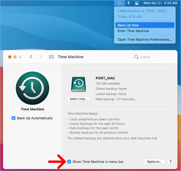 spunta l'opzione di backup automatico e mostra Time Machine nella barra dei menu