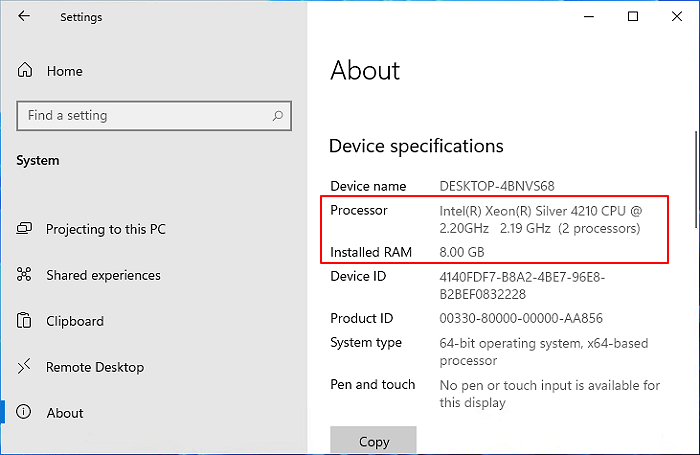Controlla le specifiche della RAM e della CPU
