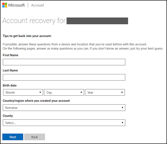 Microsoft-Kontowiederherstellungsformular