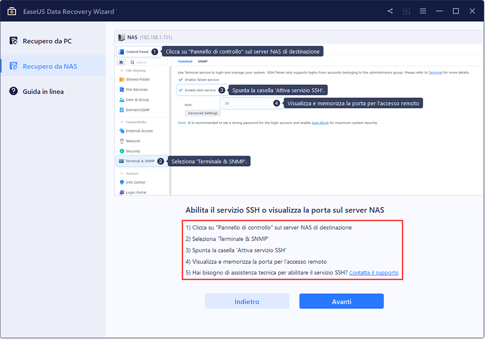 abilita servizi SSH su server NAS
