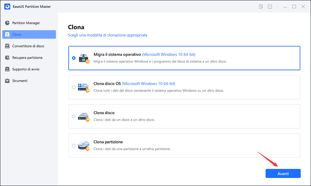 seleziona l'opzione Migra il sistema operativo