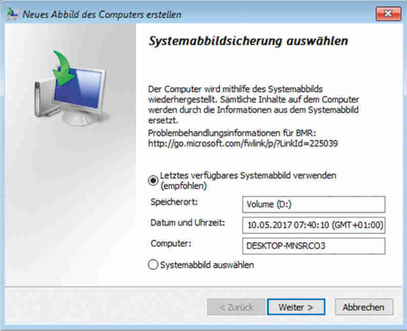 ein Systemabbild zur Wiederherstellung auswählen
