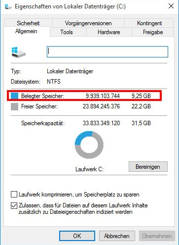 Windows 10 Größe nach der Installation