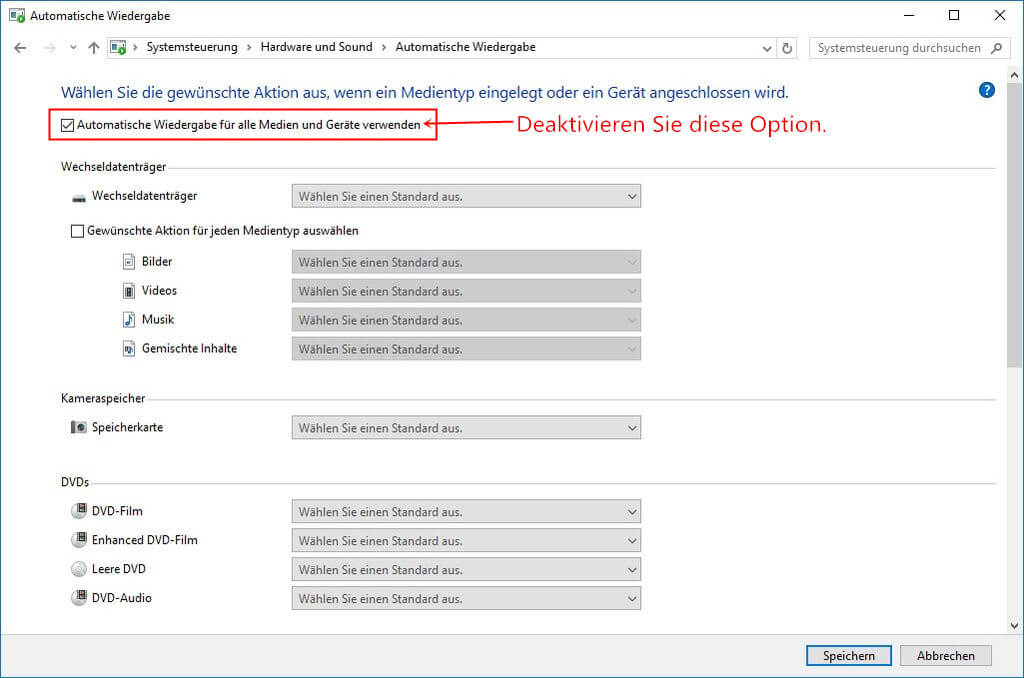 Automatische Wiedergabe unter Windows deaktivieren