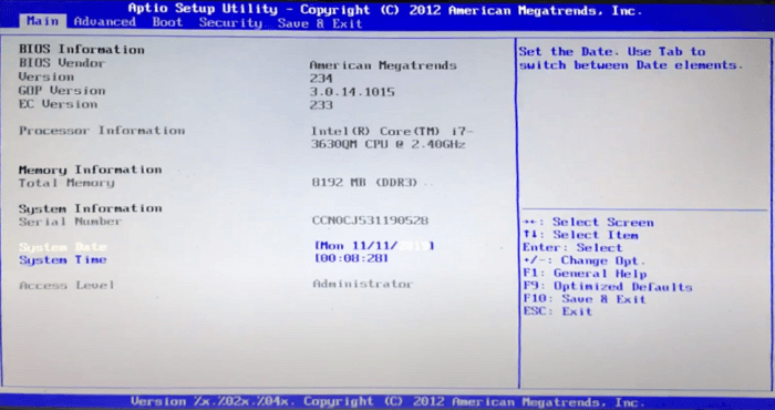l'immagine di Aptio Setup Utility