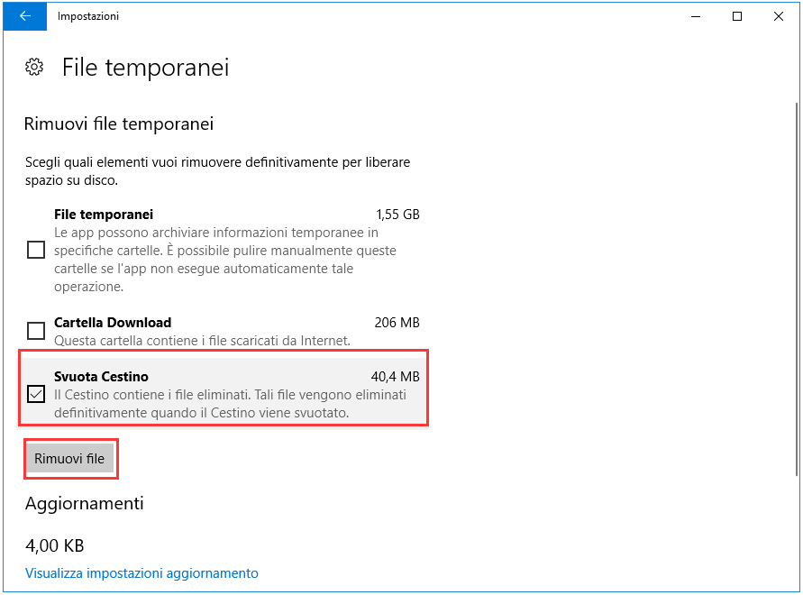 svuotare il cestino in file temporanei