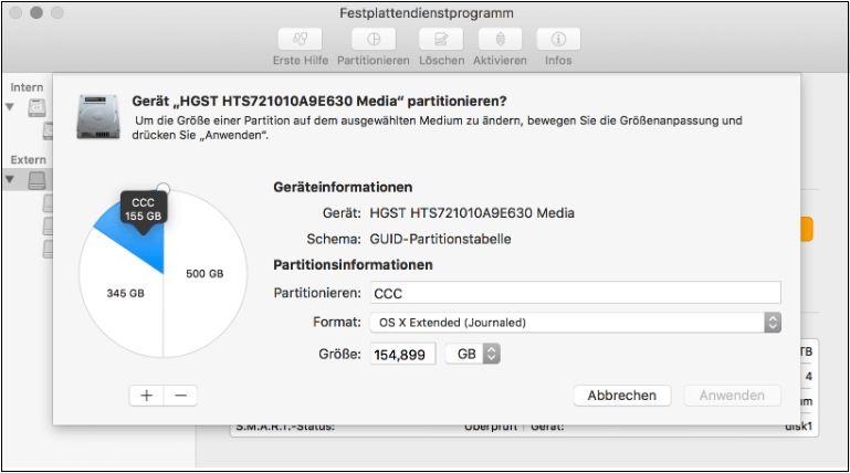 Eine Festplatte auf Mac partitionieren