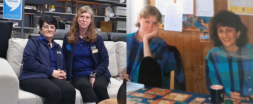 Suada och Ulrika har jobbat tillsammans i 28 år. Här ser vi dem sitta bredvid varandra 2025 och 1999.