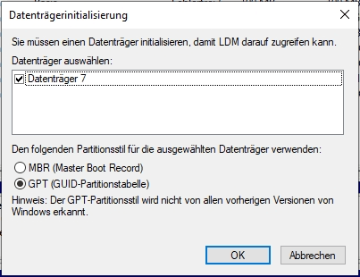 Festplatte auf MBR oder GPT initialisieren