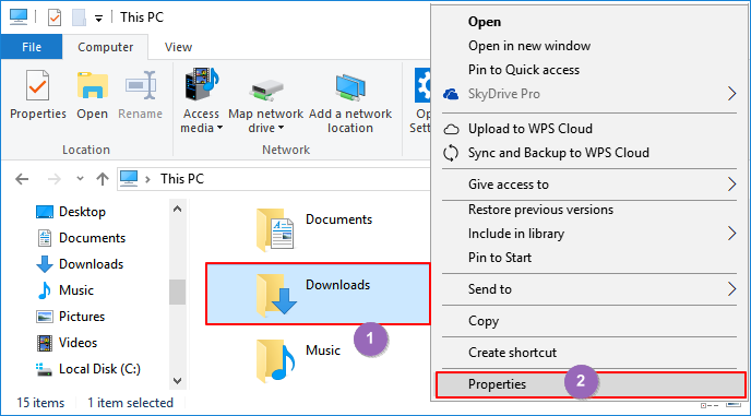 Apri le proprietà della cartella Download
