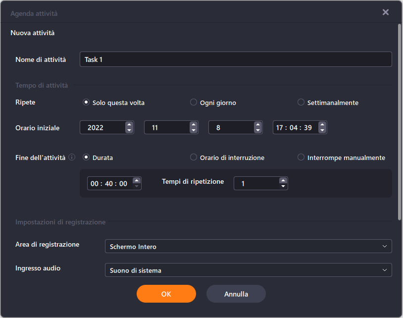 impostazioni registrazione programmata