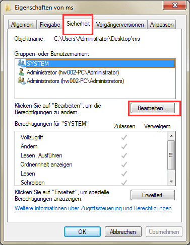 Auf Ordner kann nicht zugegriffen werden: Sicherheit ändern.