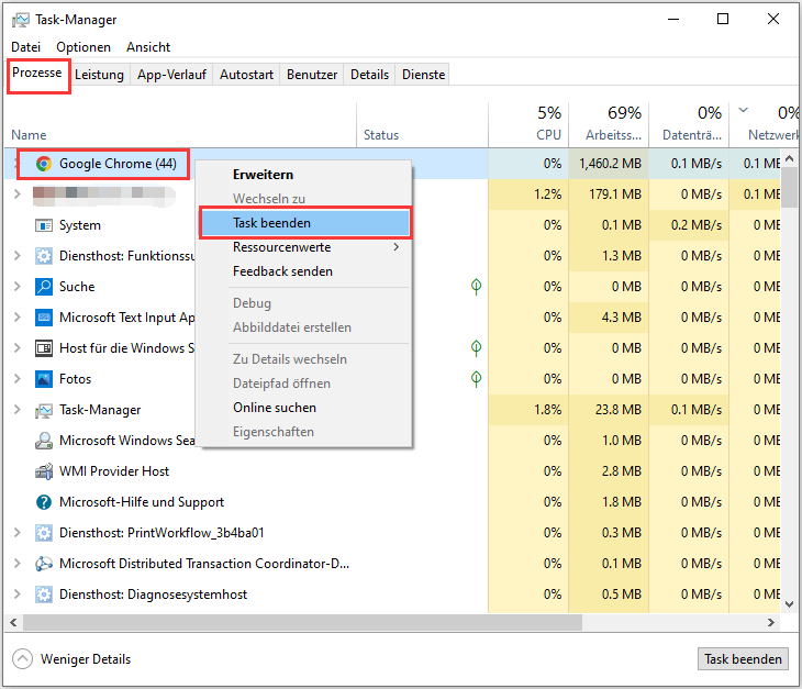 Google Chrome neu starten
