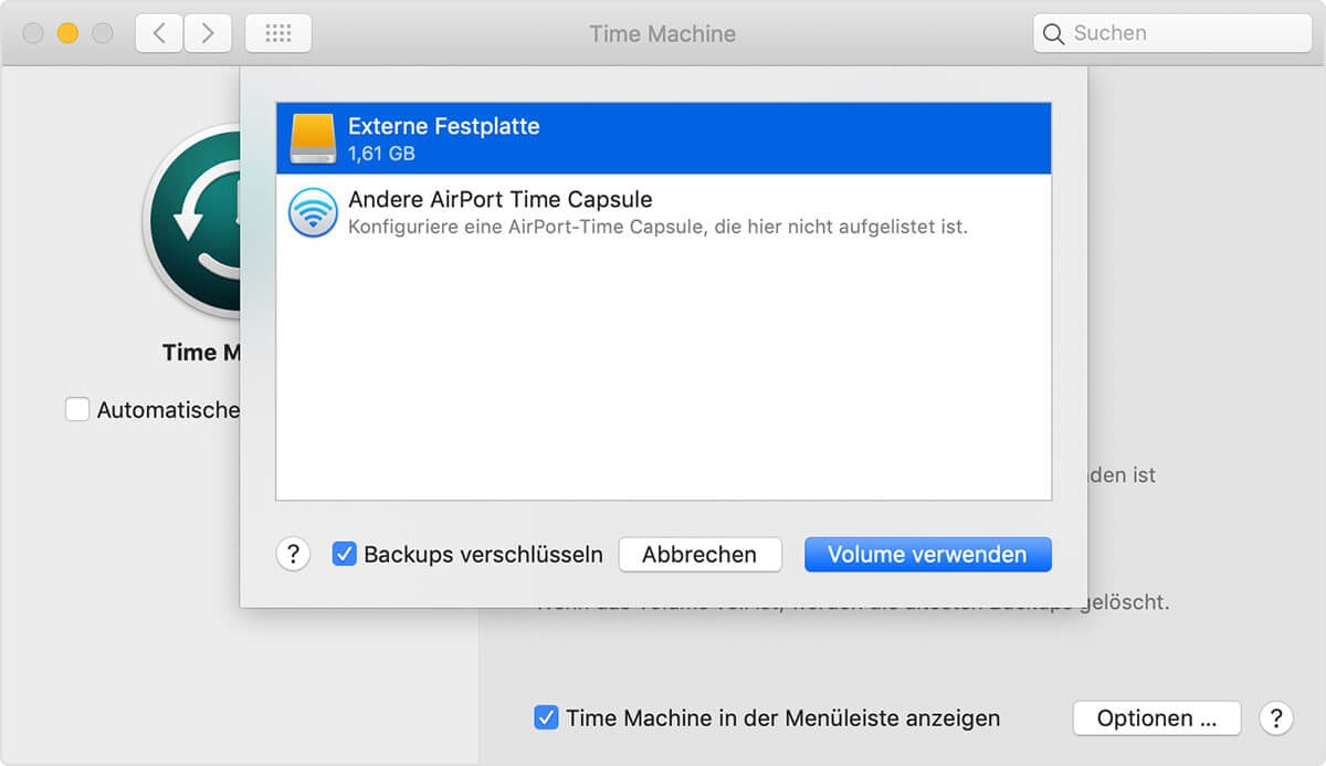 Die externe Festplatte zum Speichern der Sicherungskopien auswählen
