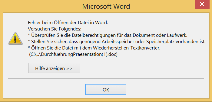Fehler beim Öffnen der Word-Dateien