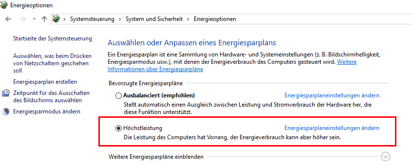 Höchstleitung in Energieeinstellungen aktivieren